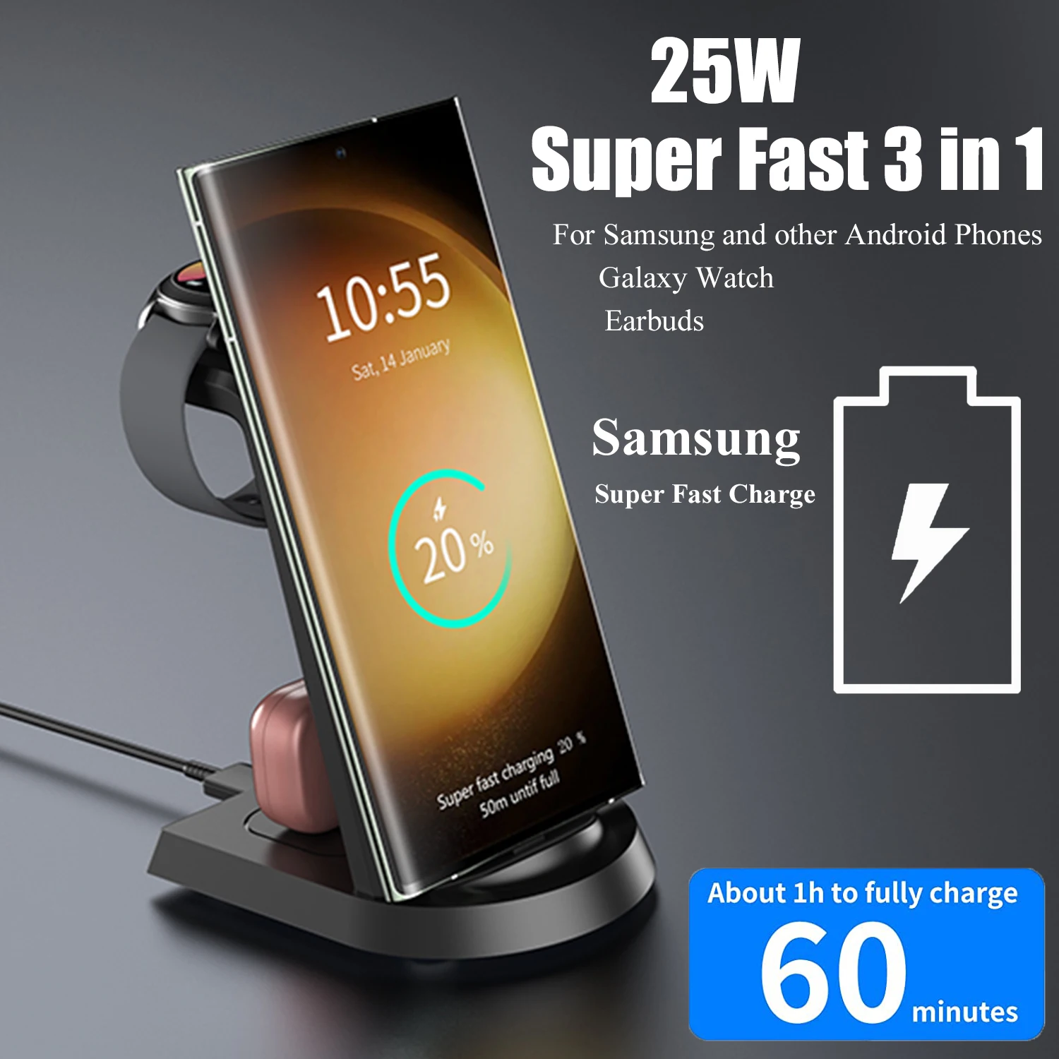 

25W Super Fast Wireless Charger 3 in 1 for Samsung S23 Ultra S22 S21 S20 Galaxy 5 4 3 Active 2 Watch Earbuds Charging Station