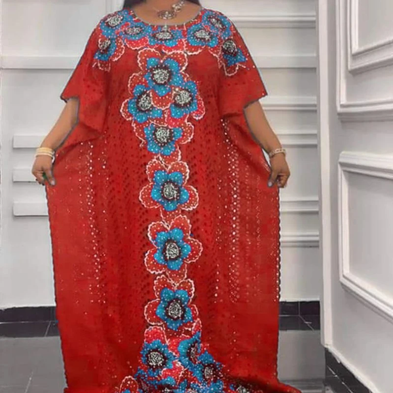 

Lace African Dresses for Women Boubou Robe Femme Dashiki 1 piece Embroidered Flower Wax Dress Africa Plus Size Clothing