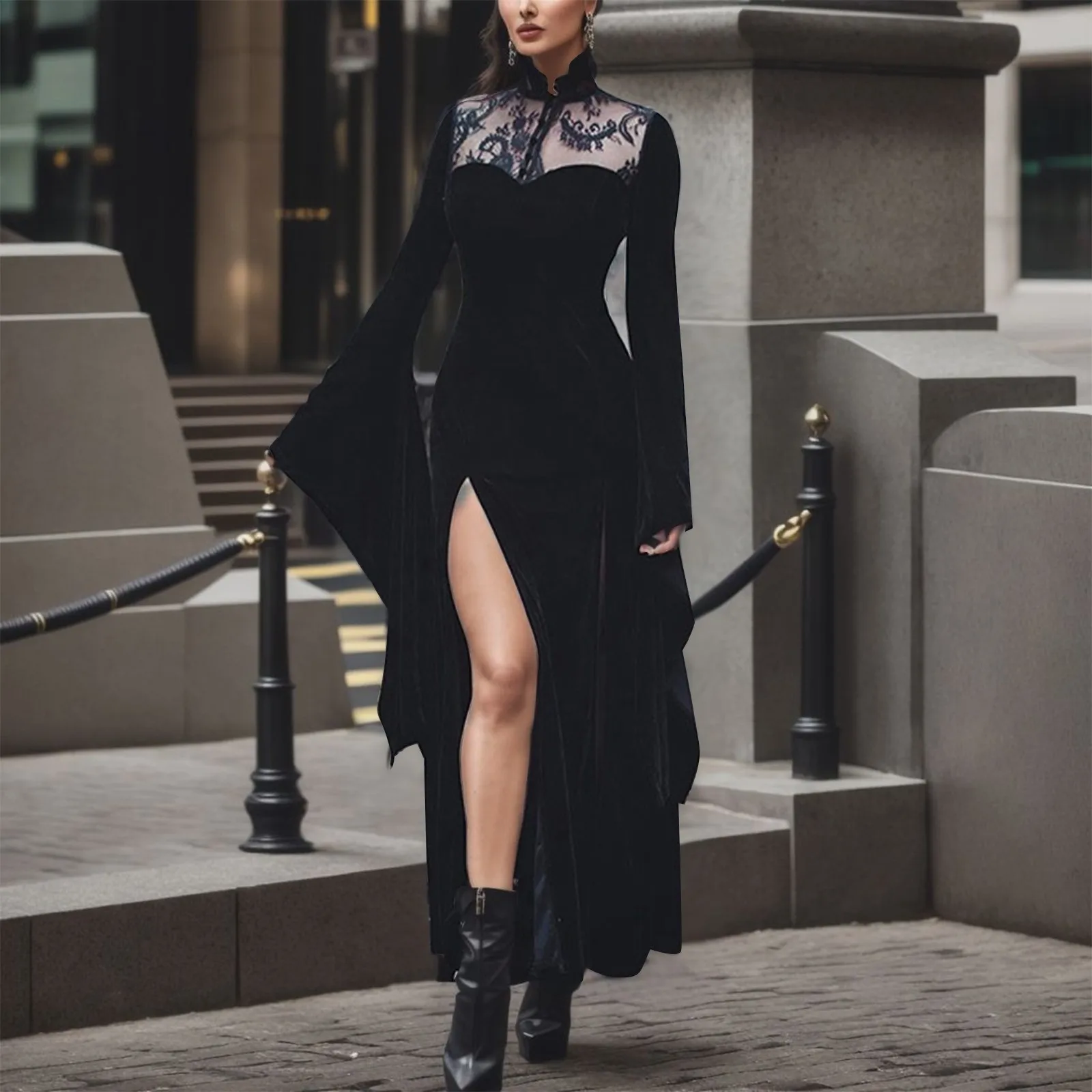 

Halloween Party Maxi Dress Black High Waist Flared Sleeve Lace Cutout Gothic Maxi Dress Street Aesthetic Clubwear Long Dress