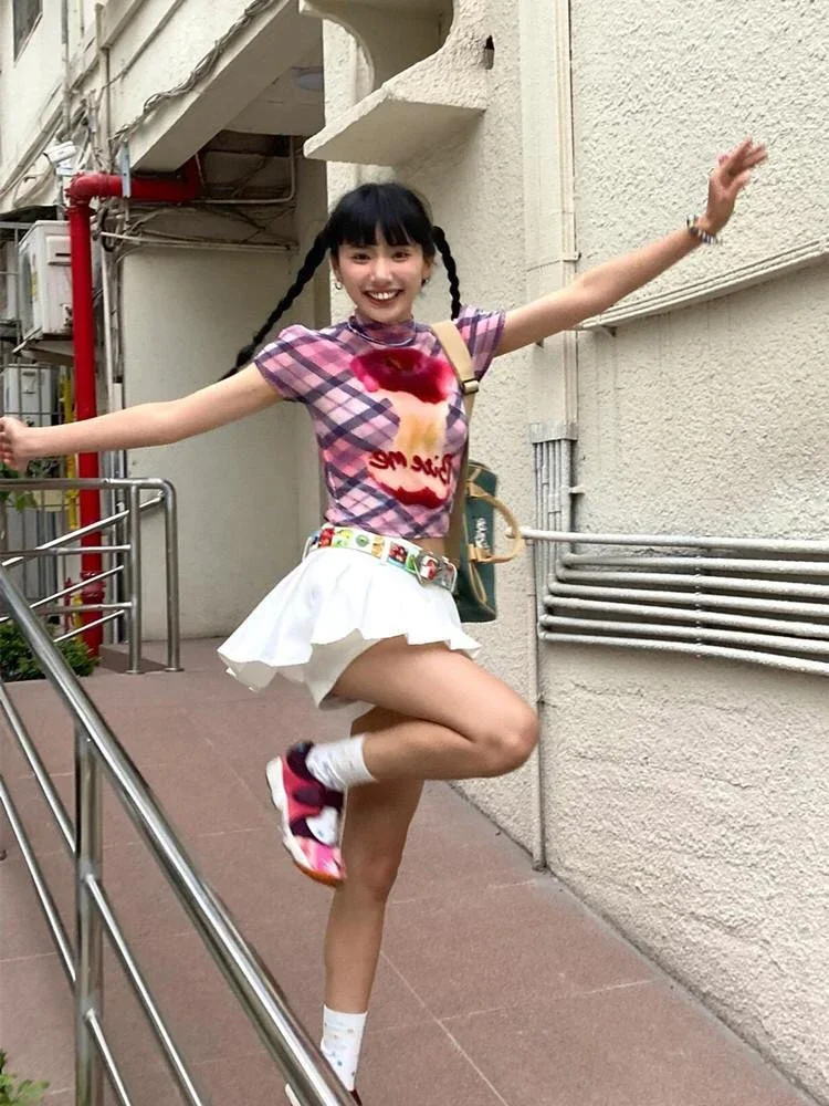 Женская Винтажная футболка в клетку короткий эластичный Топ с коротким рукавом и