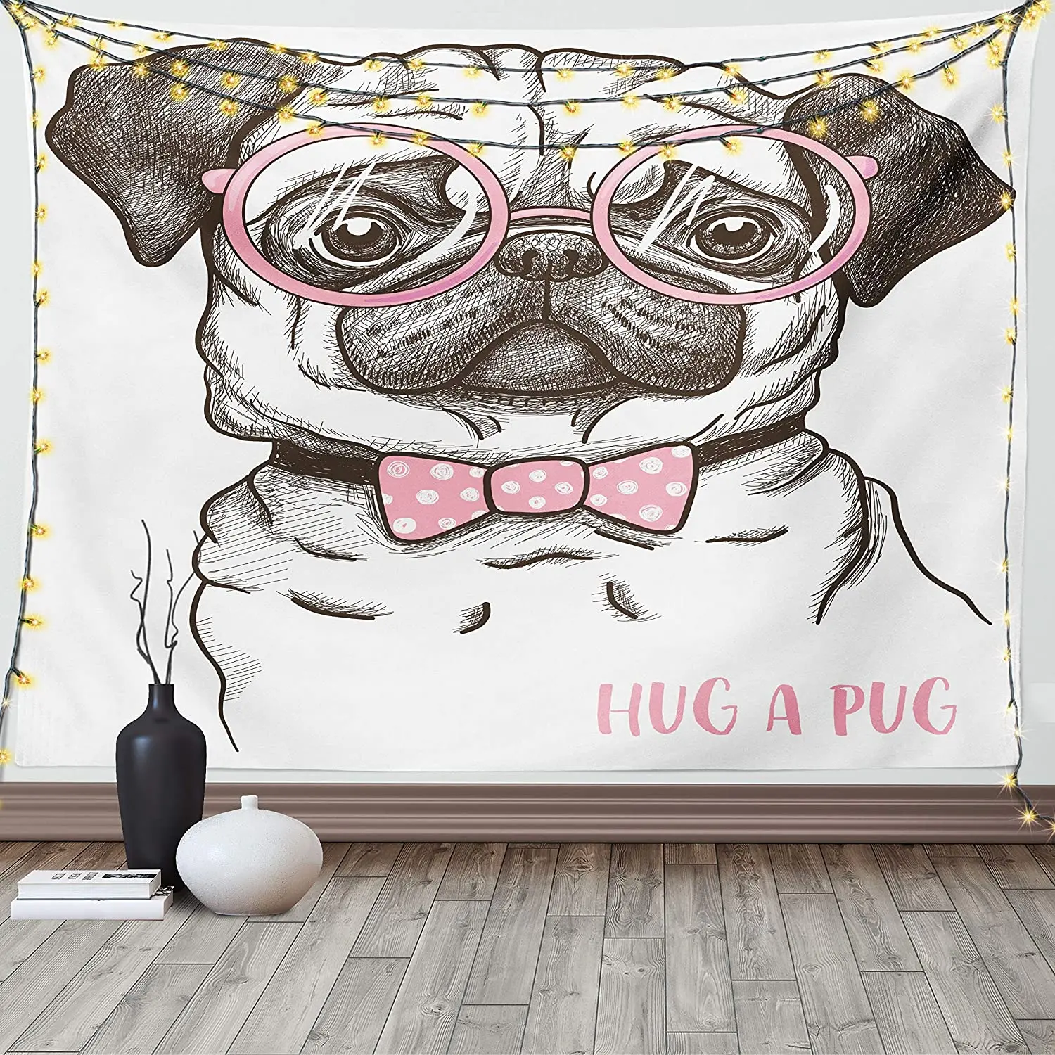 

Pug Tapestry, Pet Dog with Pink Bow Tie Oversized Glasses Hand Drawn Domesticated Wide Wall Hanging for Bedroom Living Room Dorm