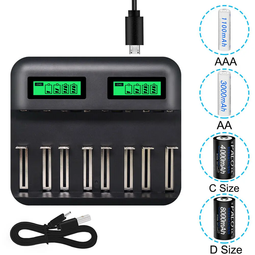 

Зарядное устройство для аккумуляторов AA/AAA, 8 слотов, USB-интерфейс, цифровой, 1800 мА, защита от короткого замыкания, бытовой и офисный адаптер д...