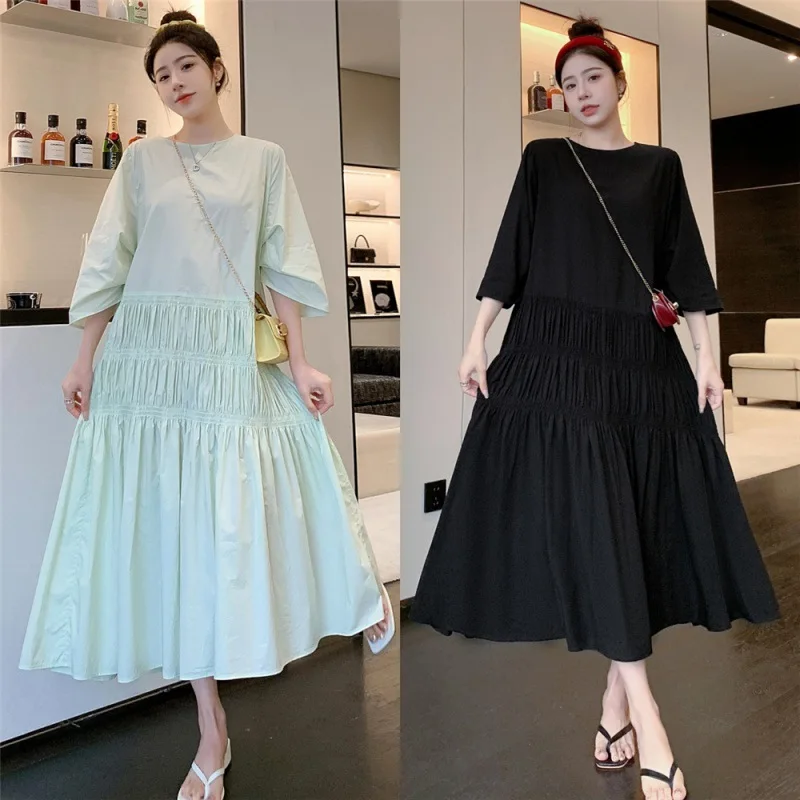 

Новинка лета 2023, длинное плиссированное платье большого размера с коротким рукавом, плиссированное платье на молнии