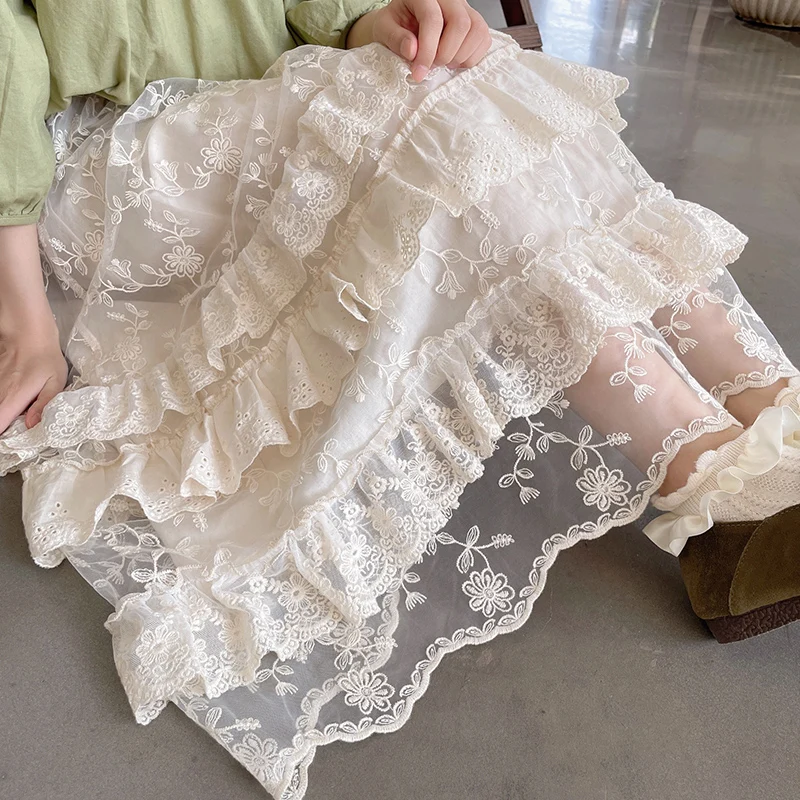 

Japanese Sweet Organza Lace Stitching Elastic Waist Cotton Skirts Women Clothing Embroidery Hollow Out Pleater Female Skirt U468
