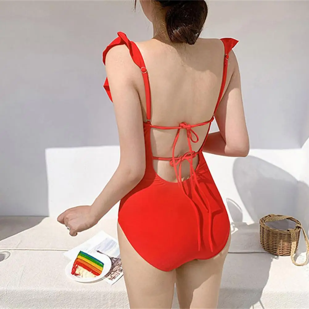 

Fresh Bodysuit Swimsuit Back Lace-up Skinny Women Swimsuit Ruffle Edge Push Up Sexy Monokini