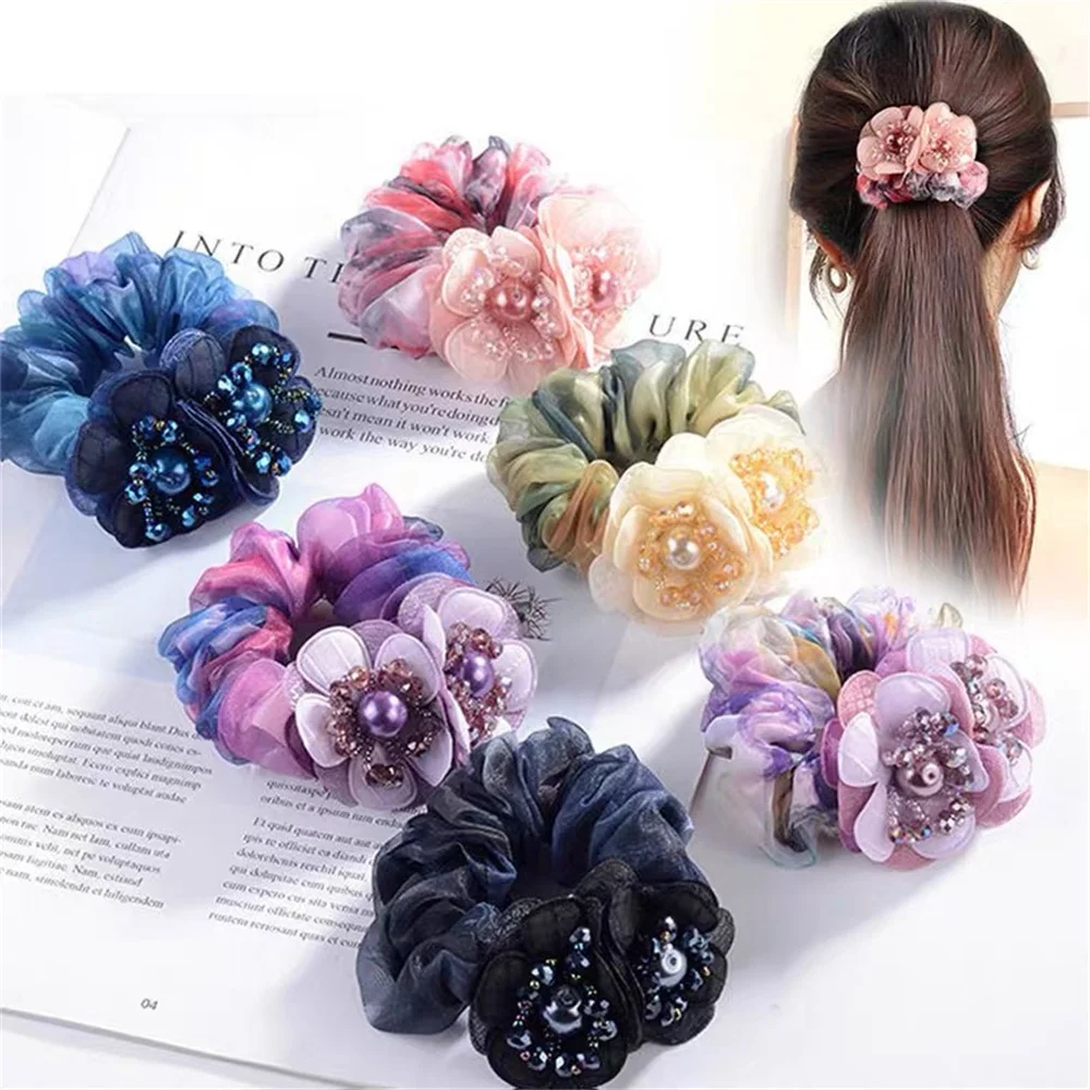 

Beautiful Hair Ropes For Gril Bling Pearl Flower Scrunchie Transparency Organza Hair Ties Elastics Ponytail Holder Headwear