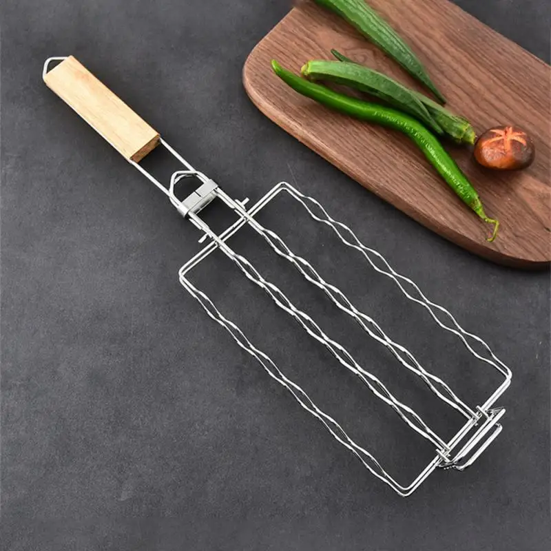 

304 Stainless Steel Corn Barbecue Rack Sausage Barbecue Net BBQ Tool Detachable Folding Portable Barbecue Net Clip