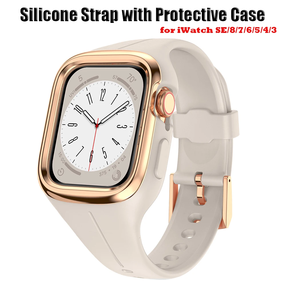 Silicone Watch Strap + Case for Apple Watch Band 38mm 40mm 41mm Sport Bracelet with Protective Case Bumper iWatch 8 se 7 6 5 4