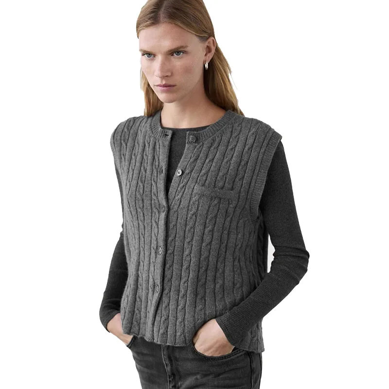 2024 Waistcoat Minimal Style Twists Knited Cardigan Women Vest O Neck Sleeveless Sweater Solid Elegant Tops