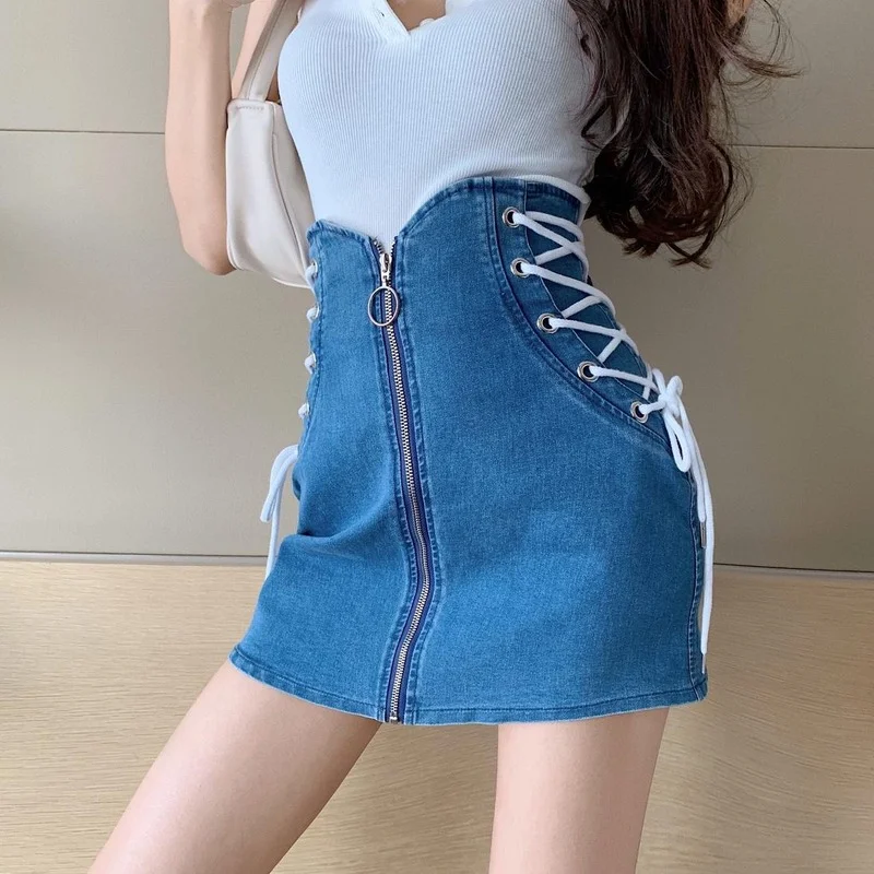 

Women Clubwear Sexy Warp Slim Vintage Designer Plus Size Pencil Denim Skirts Female Lace Up High Waist Jean Skirts Zipper Mini