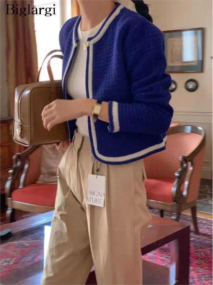 

Knitted Autumn Korea Style Sweater Coat Women Elegant Striped Print Ladies Cropped Sweaters Coats Fashion Casual Woman Coat 2023