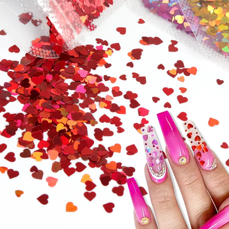 

2g/bag Hybrid Laser Love Nail Art Sequins Red Gold Silver Pink Black Blue Size Heart Mix Sequins DIY Valentine's Nail Jewelry