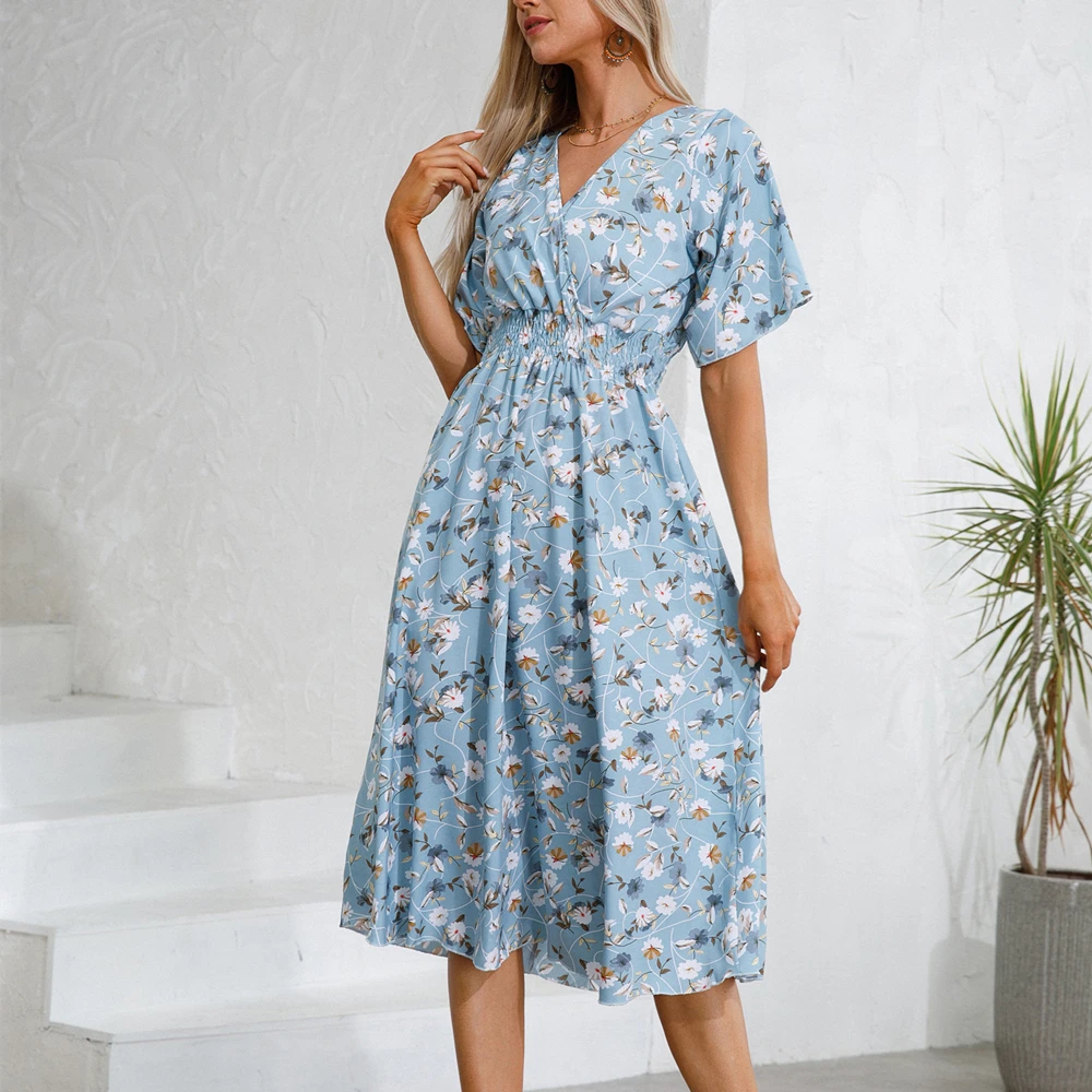 

Женское шифоновое платье с оборками, Пляжное платье миди с коротким рукавом, V-образным вырезом, высокой талией, цветочным принтом и открытой спиной, лето 2022