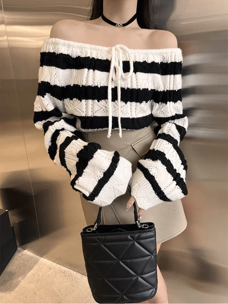 

off Shoulder Knitted Women's Autumn Winter 2022 New Drawstring Stripe Hollow Long Sleeve Top Sexy Ladies Sweater Pullover
