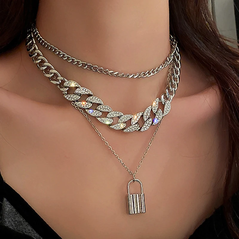 

Iced Out Cuban Link Chain Layered Necklace Choker for Women Lock Charm Aesthetic Grunge Hip Hop Luxury Jewelry Accessories Gifts