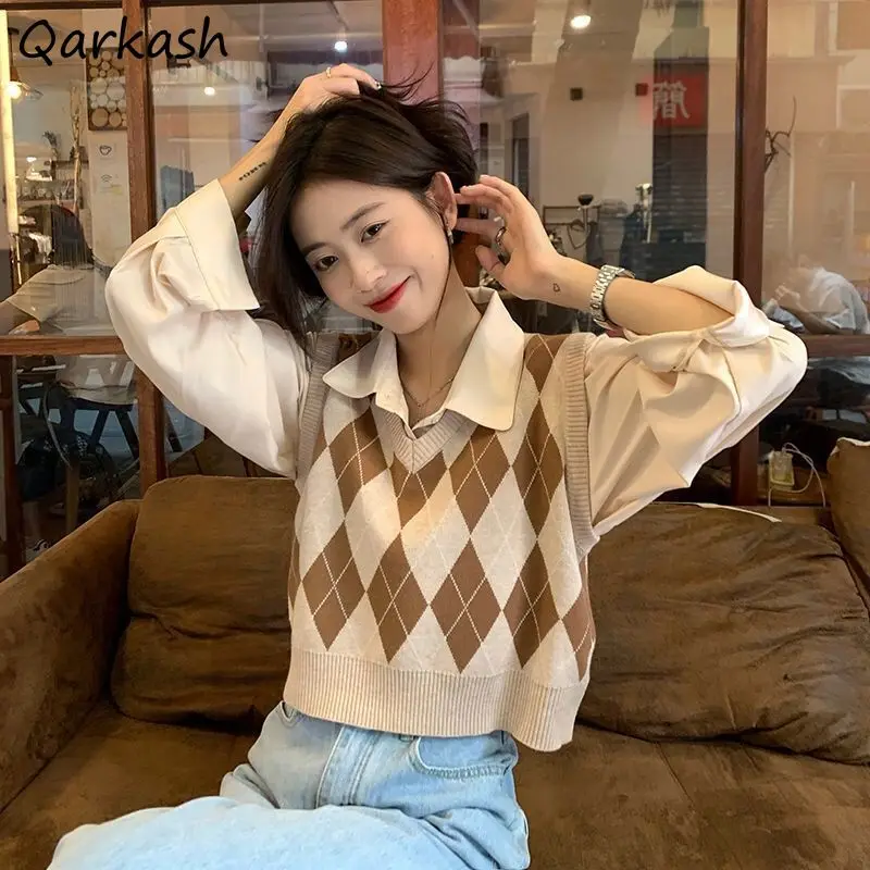 

Sweater Vests Women College Stylish Argyle Spring Chic Harajuku Sleeveless Crops Retro Preppy Mujer Knitwear Fall Clothes V-neck