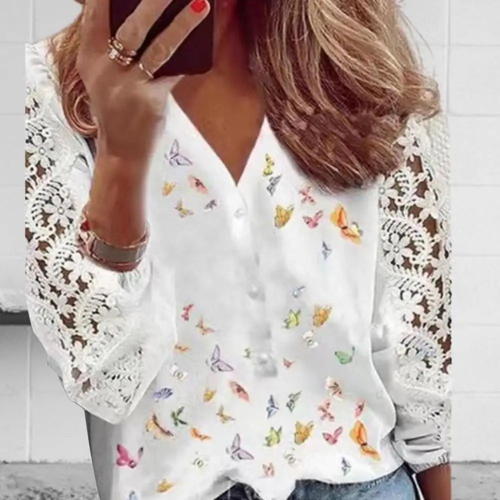 

Women Shirt V-neck Buttons Half Placket Lady Blouse Hollow Out Jacquard Shirt See-through Lace Sleeve Solid Color Shirt Tops