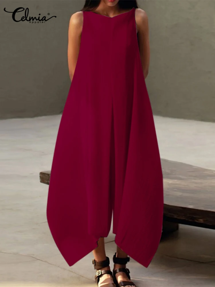 

Celmia Vintage Sleeveless Tank Long Dress Women O Neck Sundress Fashion Irregular Maxi Vestidos 2022 Summer Party Solid Robe