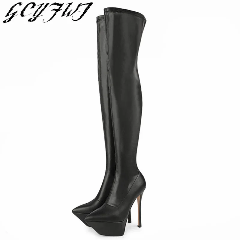 

Ladies Elastic Boots For Women Platform Thin Heels Fashion Sexy High Quality Boot Thick Bottom Stiletto Zip Black Women's Shoes