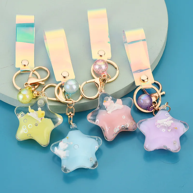 

Cartoon Moving Liquid Quicksand Unicorn Keychain Glitter Five-pointed Star Floating Keyring for Women Charm Bag Pendant Kid Gift