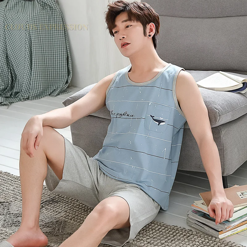 Летняя мужская пижама из 100% хлопка в полоску пижамный комплект повседневная