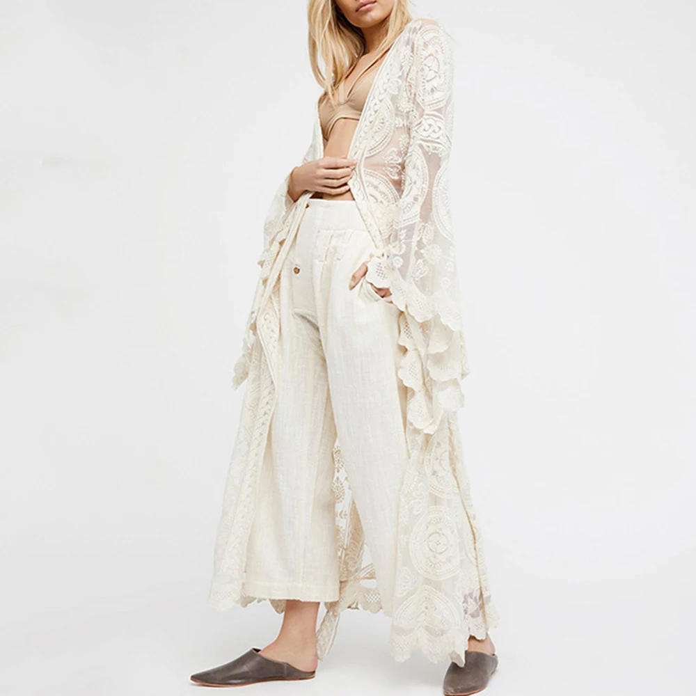 

Maxi Boho Kimono Kaftan Cover-Ups Gown Robe Women Sheer Lace Crochet Wrap Beach Dress White Long Open Front Cardigan For Lady