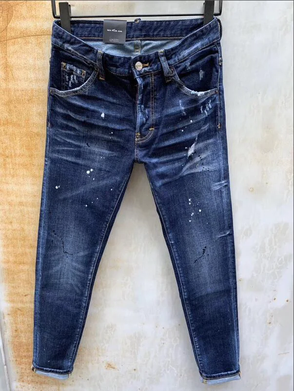 

New Stitching Printing Trend Men's Slim Jeans Straight Leg Motorcycle Rider Hole Pants Jeans Man 966