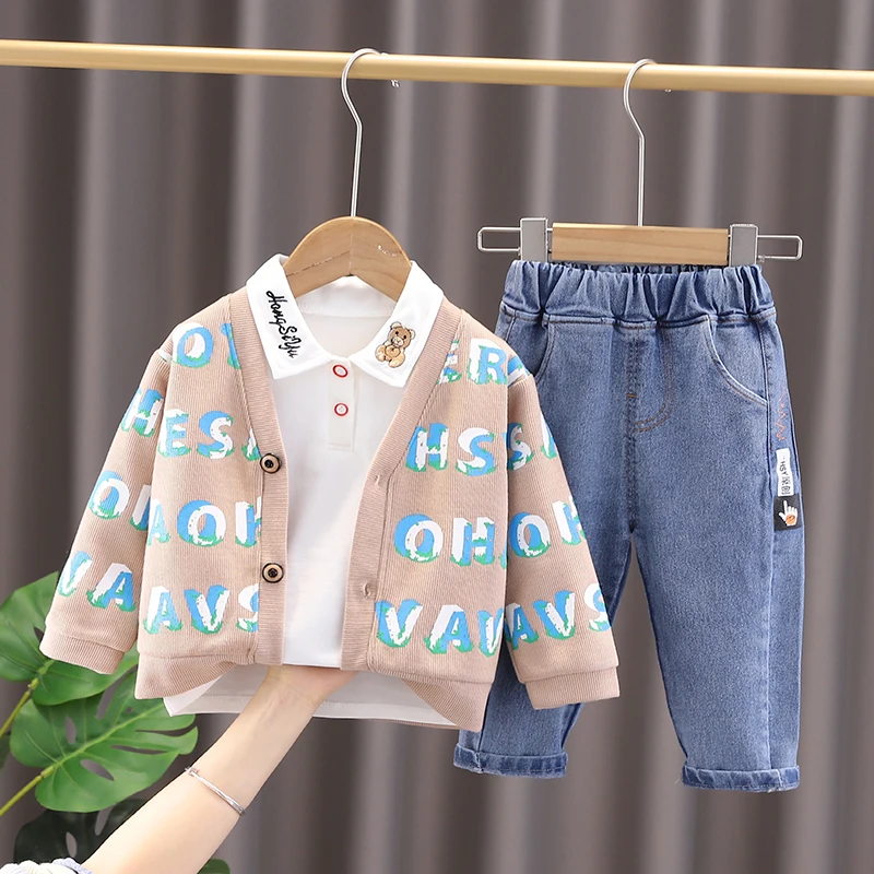 

Spring Children Fashion Clothes Baby Boys Lettered Cardigan Coat Shirt Jeans 3Pcs/Set Kids Clothing Toddler Tracksuit 0-5YEARS