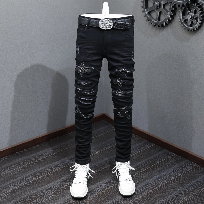Street Fashion Men Jeans High Quality Black Stretch Skinny Ripped Jeans Men Beading Patched Designer Hip Hop Brand Pants Hombre