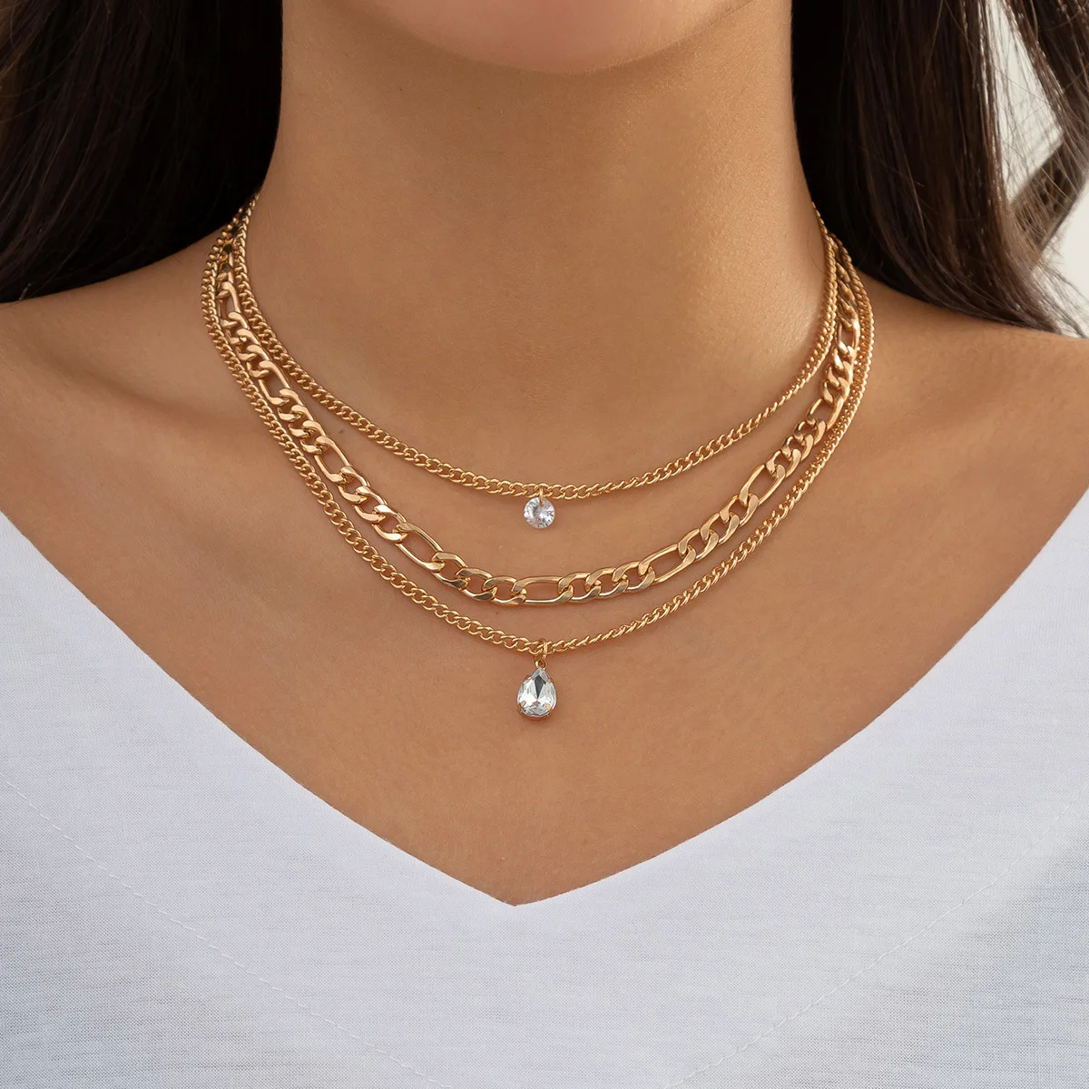 

Ailodo Geometric Round Waterdrop Crystal Pendant Necklace For Women 3 Pcs/Set Party Wedding Necklace Fashion Jewelry Girls Gift