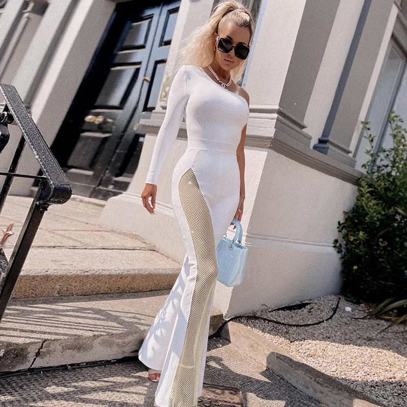 Sexy Mesh Patchwork One Shoulder Playsuits Women Elegant Solid Skinny Flare Pants Jumpsuit Fashion Lady Party Streetwear