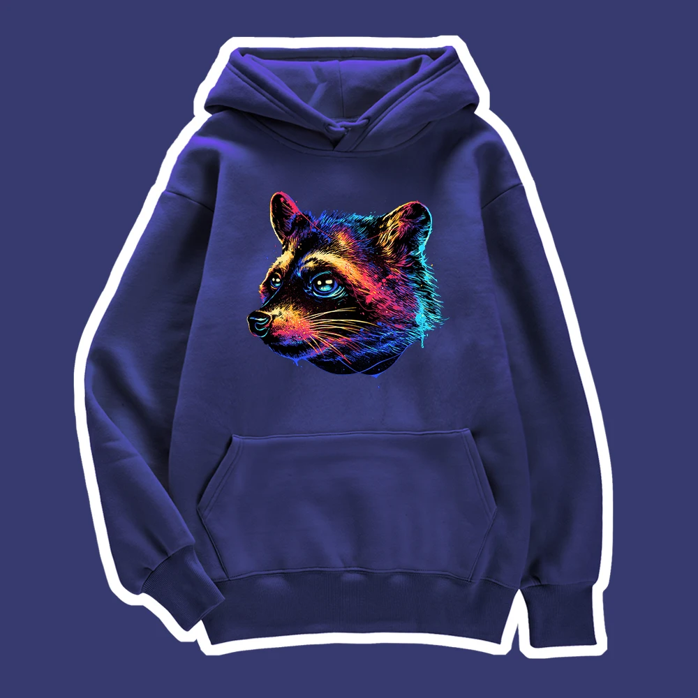 

Rainbow Raccoon In The Dark Night Mens Sweatshirt Autumn Loose Hooded Cotton Fleece Hoodies Loose Oversize Casual Male Clothes
