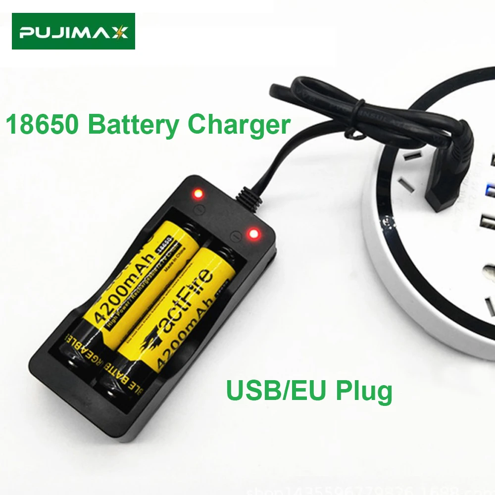 

PUJIMAX 2 Slots 18650 Battery Charger EU Plug Smart Safety Charging 3.7V 18650 Li-ion Rechargeable Battery Charger Adapter