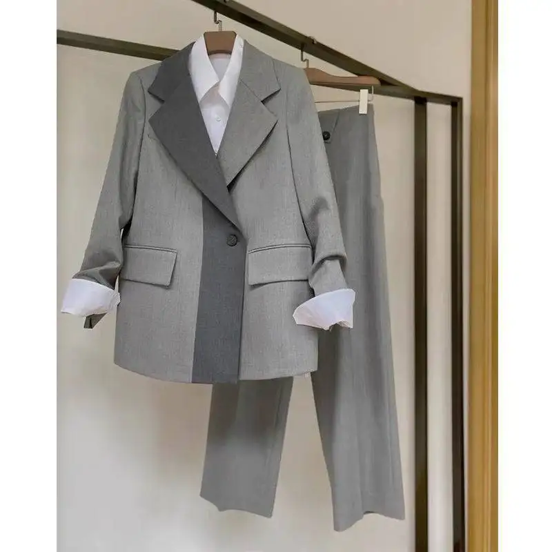 grey Pant Suits Women Spring Autumn Business ol 2 Piece Pants Blazer Set Office Lady Work Formal Jacket Suit Female Plus Size