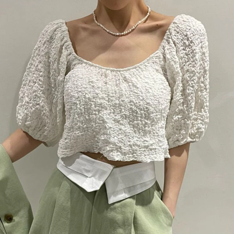 

2022 Summer New Square Collar Women Blouses Vintage Elegant Puff Short Sleeve Female Shirts Korean Chic Blusas Mujer