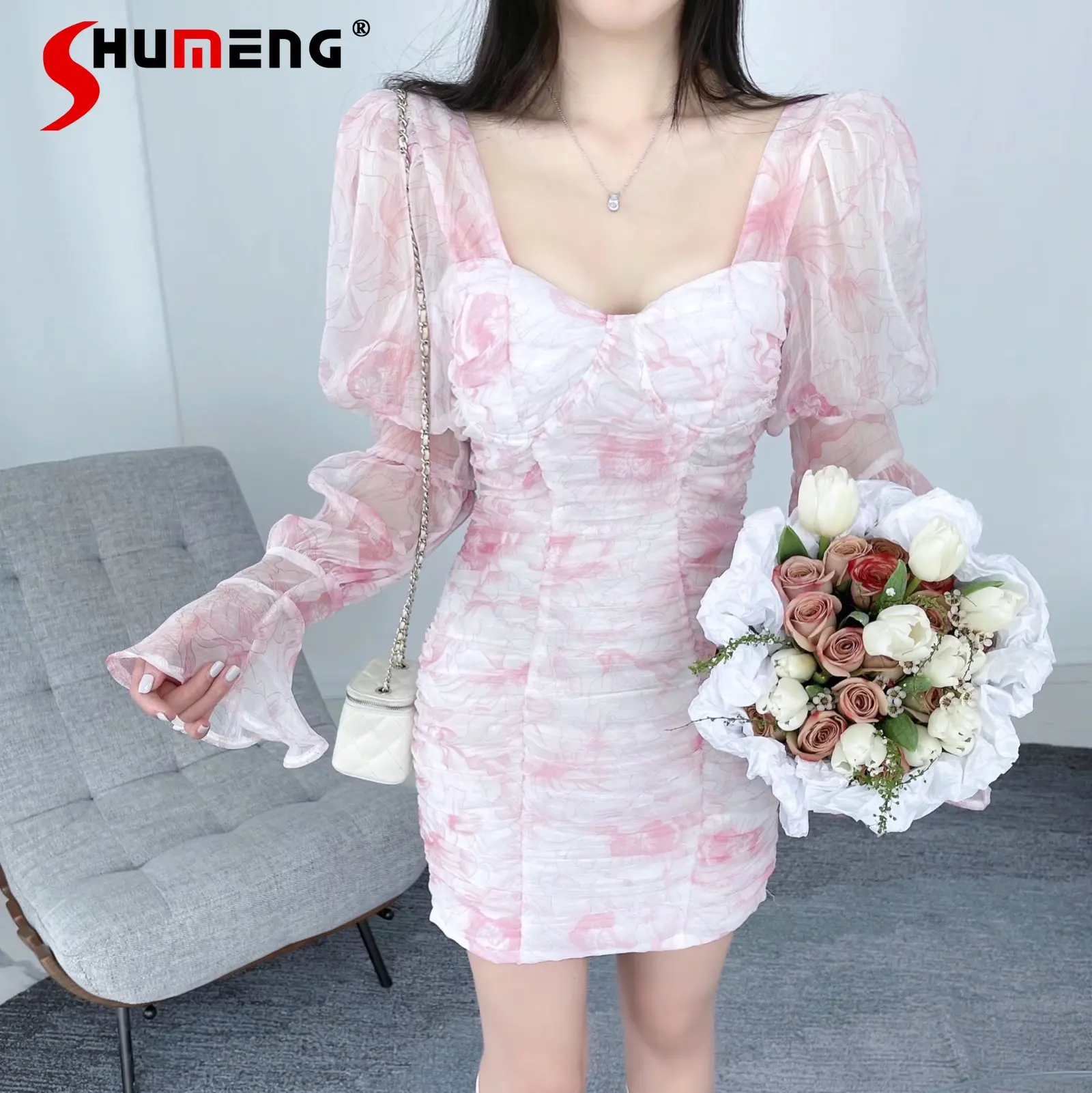 

2022 Spring New Bubble Pleated Chiffon Short Dress Sexy Wrapped Chest Floral Mini Dresses for Women Party Vestidos De Mujer