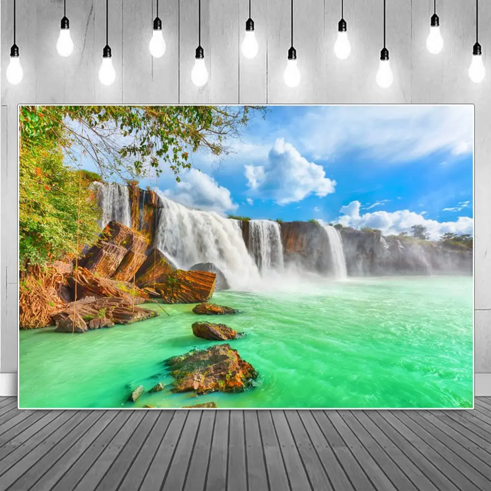 

Waterfall Rock Photography Backgrounds Spring Nature Scenery Lake Blue Sky Tree Landscape Backdrop Photographic Portrait Props