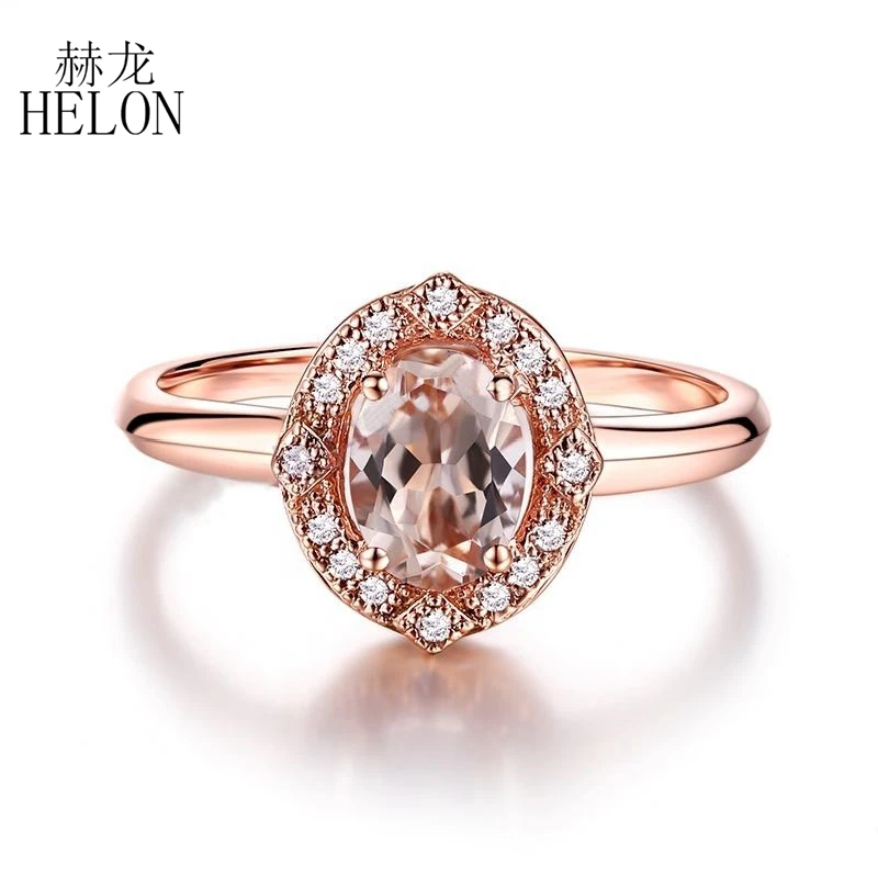 

HELON однотонные 10K розовое золото безупречной овальной огранки 7x5 мм подлинный морганит и бриллианты для женщин модные Изящные ювелирные изделия обручальное кольцо