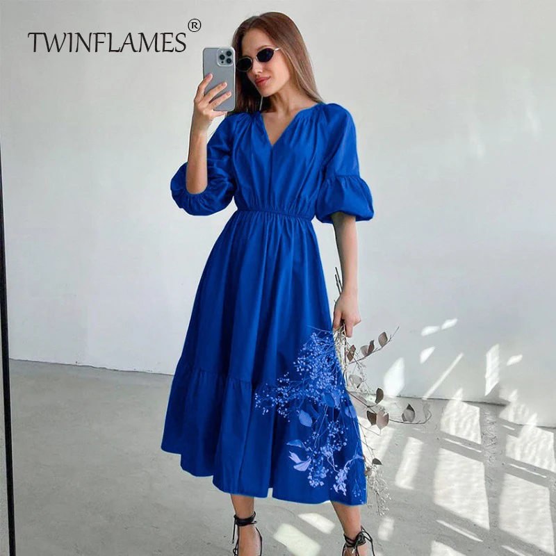 

Waist Dress Ladies Fashion V-Neck Klein Blue Puff Sleeves High Waist Slim A-Line Skirt Long Skirt Dresses for Women 2022 Robe