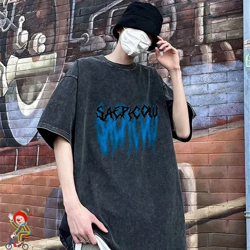 

Футболка мужская оверсайз с принтом, свитшот с коротким рукавом, вареная черная, в стиле Харадзюку, на лето