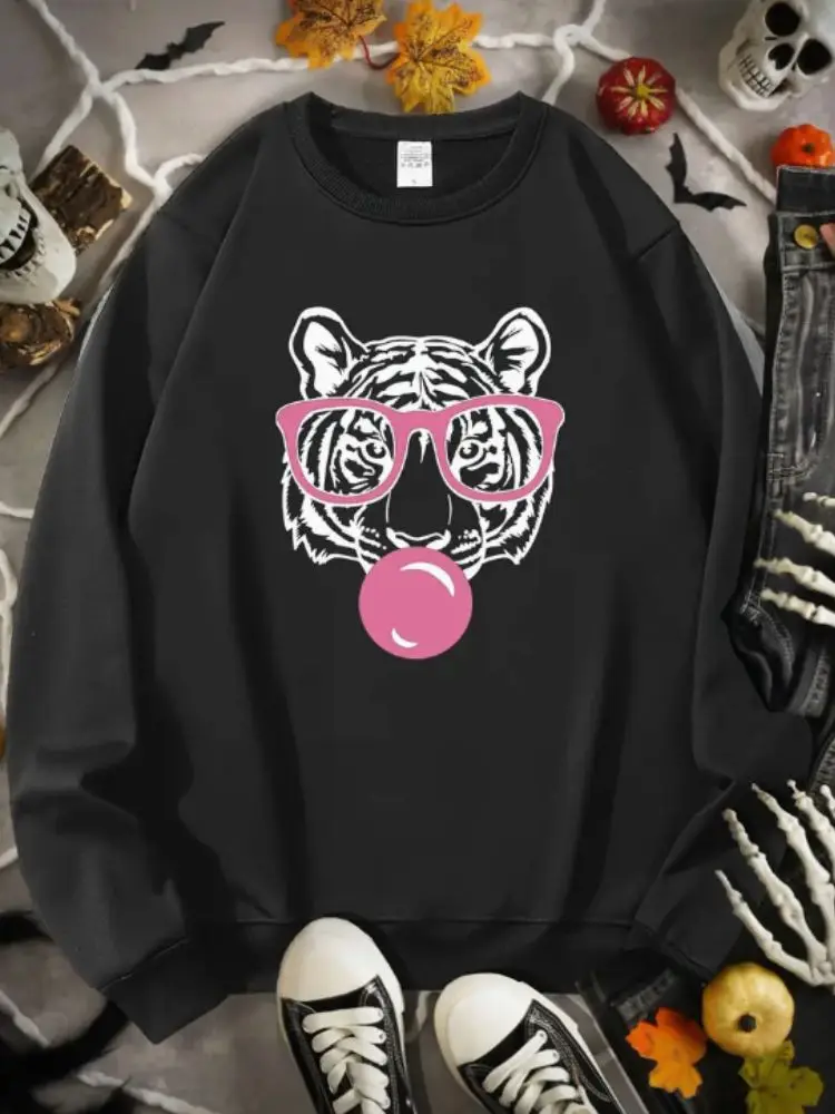 

Tiger Print Casual Loose Pullover Fashion Long-Sleeved Tracksuit Solid Color Sweatshirt Women's Sportswear Street Sports Tops