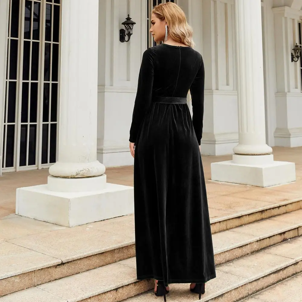 

Women Cocktail Dress Elegant Vintage A-line Maxi Dress with Pleated Golden Velvet Long Sleeve Belted Tight Waist for Bridesmaid