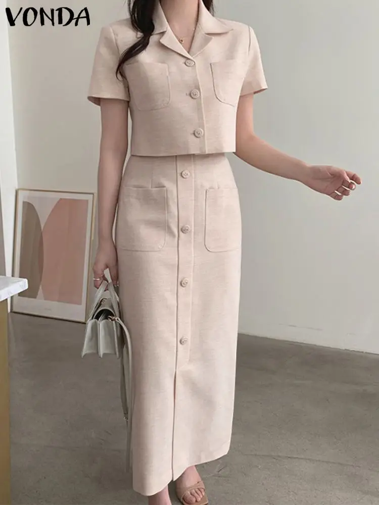 

VONDA Office Sets Women 2023 Elegant Dress Matching Sets Short Sleeve Summer Fashion Suits V-Neck Sexy Tops + Casual Long Skirts