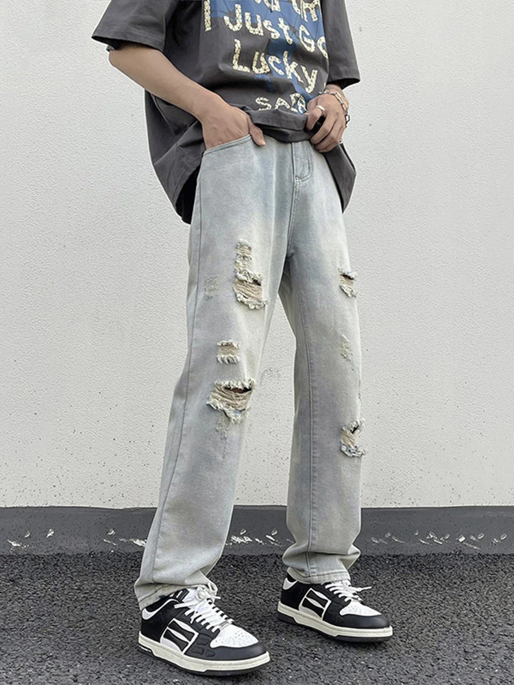 Vintage Distressed Yellow Wash Denim Jeans for Men Trendy Streetwear Baggy Jeans, Straight Leg Casual Trousers