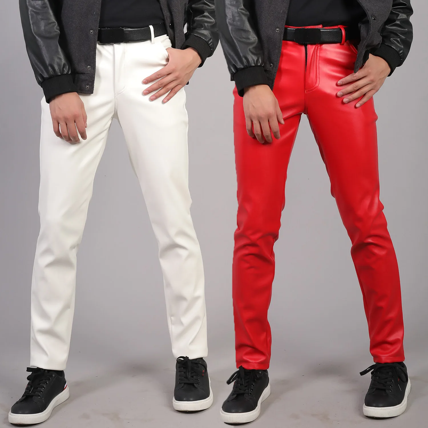 2023 Men's Stretch Slim Fashion White PU Leather Pants Dance Performance Casual Leather Pants Leather Pants