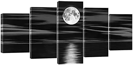 

Sea White Full Moon in Night Canvas Print Black and White Ocean Beach for Living Room Bedroom Kitchen Home Decorations 5 Piece