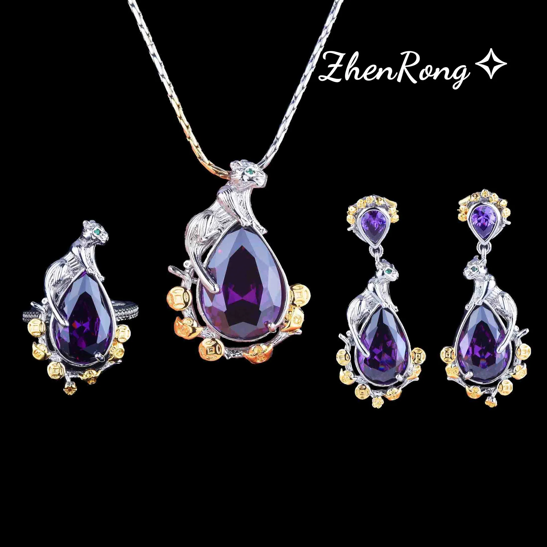 

Creative Leopard Jewelry Sets For Women Two-color Golden Purple Zircon Pendant Necklaces Rings Drop Earrings Mother's Day Gifts