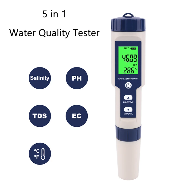 5 in 1 Water Quality Tester Digital TDS/EC/PH/Salinity/Temperature Meter for Pools Aquariums Water Quality Detector