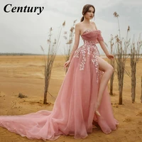 century pink a line prom gown appliques tulle prom dress sweetheart one shoulder straps evening gowns sexy high slit party dress
