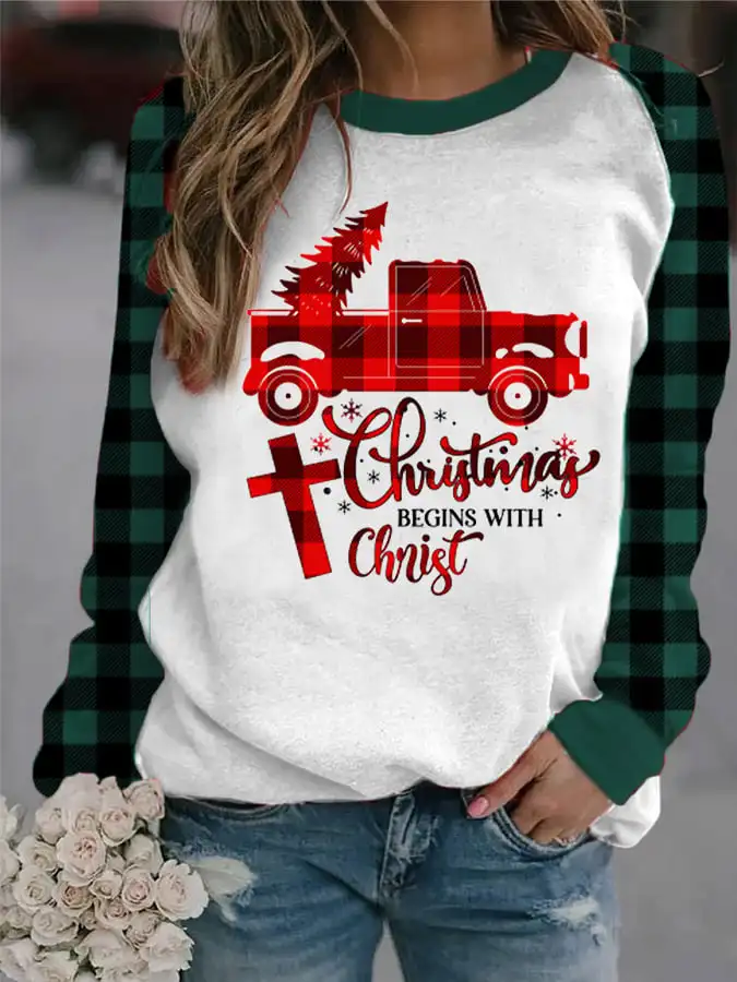 

Women's Christmas Begins With Christ Casual Round Neck Long-Sleeved Sweatshirts